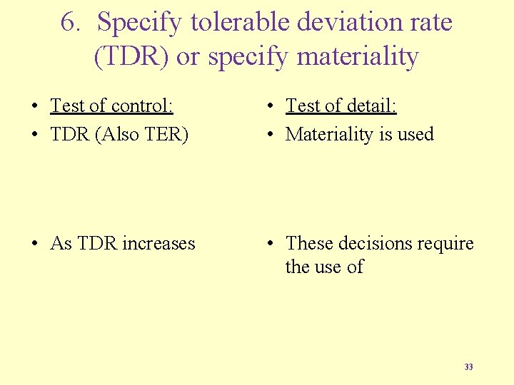 6. Specify tolerable deviation rate (TDR) or specify materiality • Test of control: •
