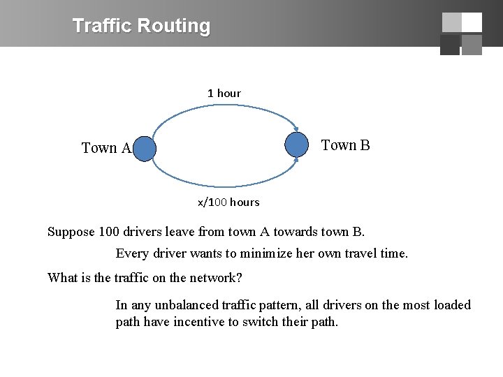 Traffic Routing 1 hour Town B Town A x/100 hours Suppose 100 drivers leave