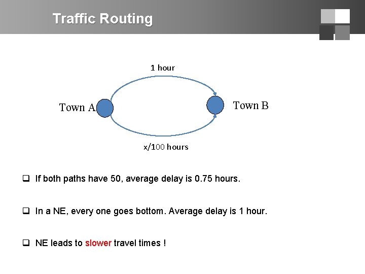 Traffic Routing 1 hour Town B Town A x/100 hours q If both paths