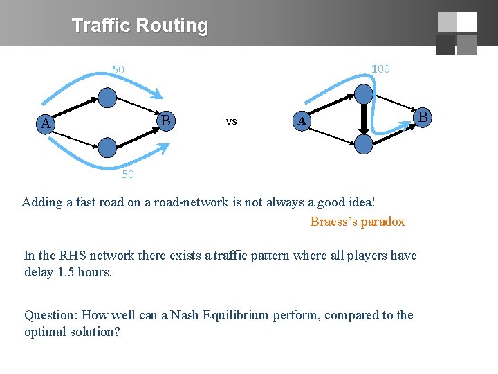 Traffic Routing 100 50 B A vs A 50 Adding a fast road on