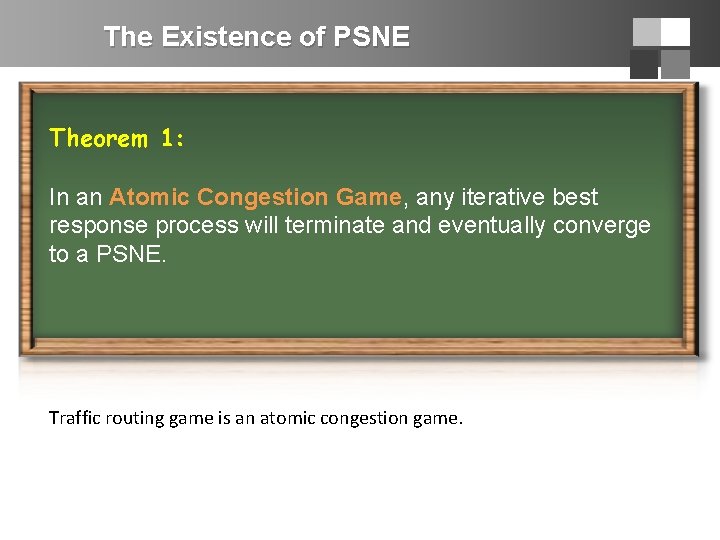 The Existence of PSNE Theorem 1: In an Atomic Congestion Game, any iterative best