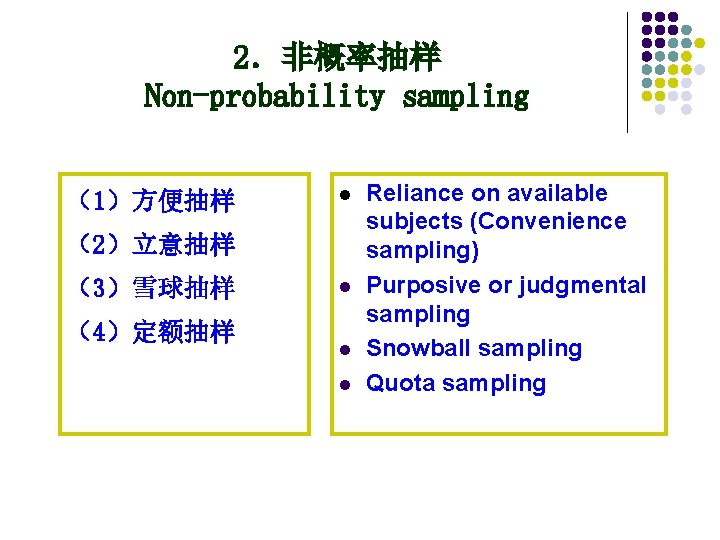2．非概率抽样 Non-probability sampling （1）方便抽样 l （2）立意抽样 （3）雪球抽样 （4）定额抽样 l l l Reliance on available