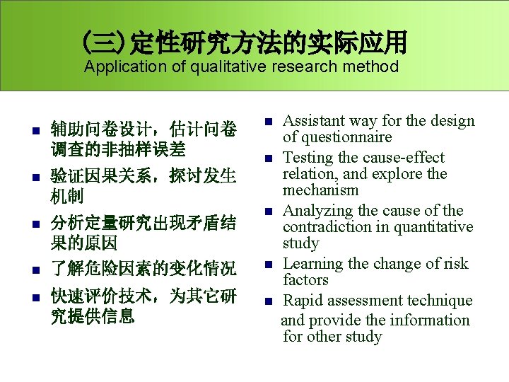 (三)定性研究方法的实际应用 Application of qualitative research method n n 辅助问卷设计，估计问卷 调查的非抽样误差 验证因果关系，探讨发生 机制 n n