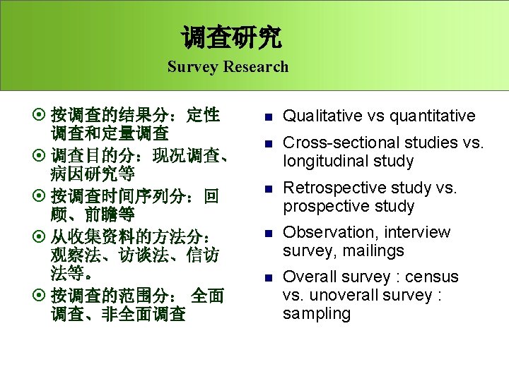 调查研究 Survey Research ¤ 按调查的结果分：定性 调查和定量调查 ¤ 调查目的分：现况调查、 病因研究等 ¤ 按调查时间序列分：回 顾、前瞻等 ¤ 从收集资料的方法分：