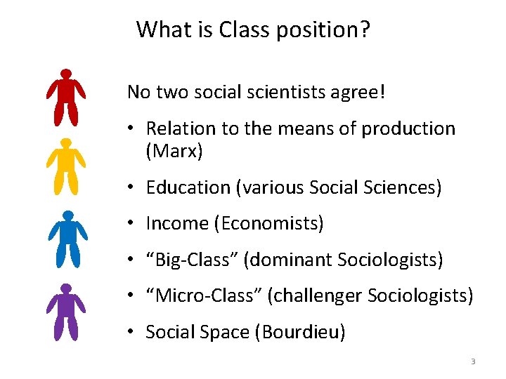 What is Class position? No two social scientists agree! • Relation to the means