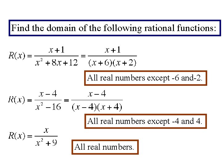 Find the domain of the following rational functions: All real numbers except -6 and-2.