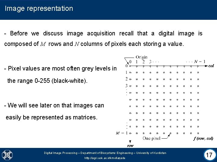 Image representation - Before we discuss image acquisition recall that a digital image is