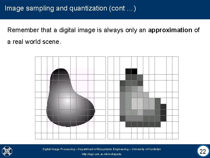 Image sampling and quantization (cont …) Remember that a digital image is always only
