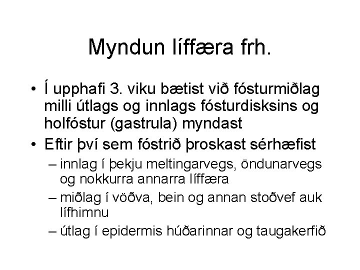 Myndun líffæra frh. • Í upphafi 3. viku bætist við fósturmiðlag milli útlags og