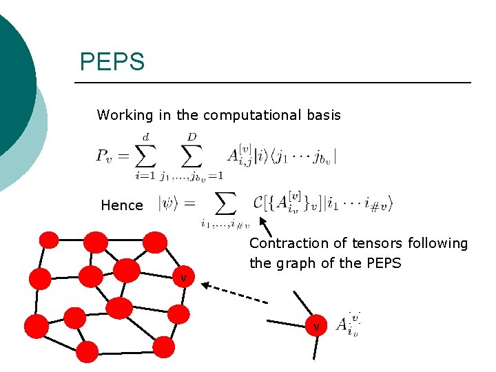 PEPS Working in the computational basis Hence v Contraction of tensors following the graph