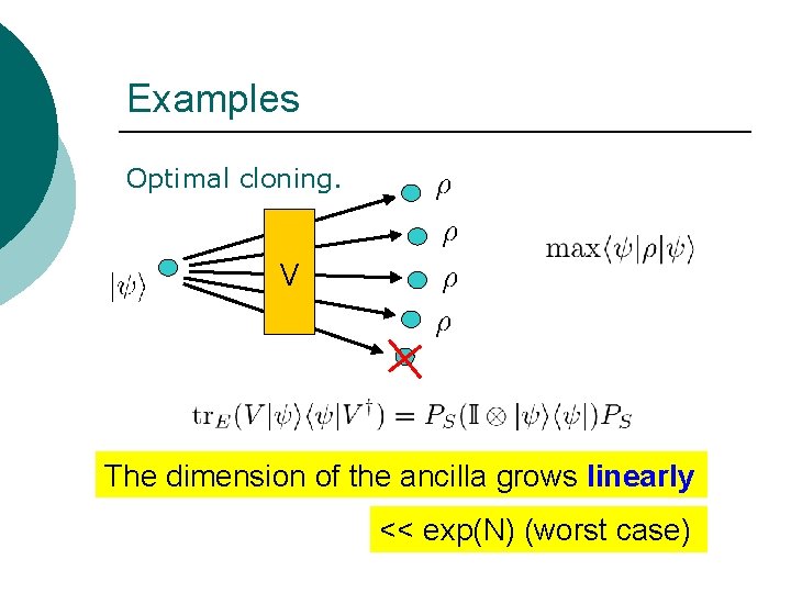 Examples Optimal cloning. V The dimension of the ancilla grows linearly << exp(N) (worst
