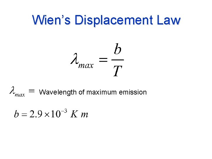 Wien’s Displacement Law Wavelength of maximum emission 