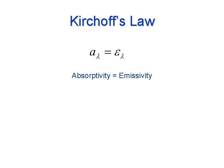 Kirchoff’s Law Absorptivity = Emissivity 