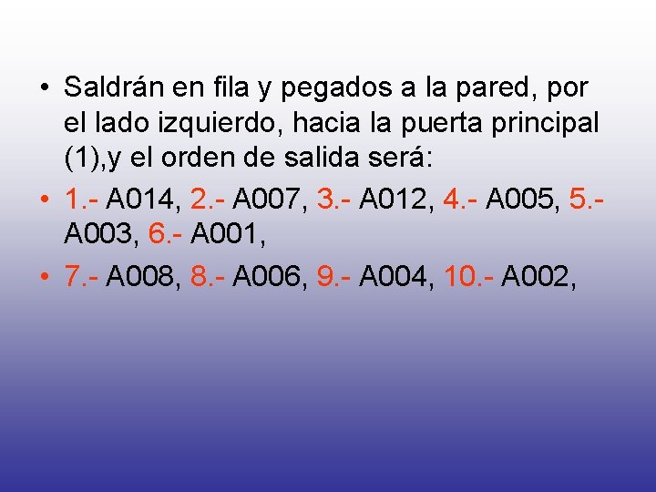  • Saldrán en fila y pegados a la pared, por el lado izquierdo,