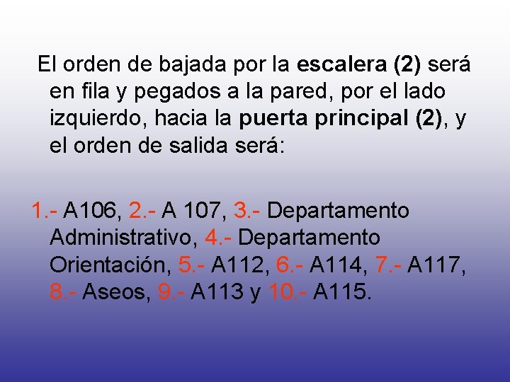 El orden de bajada por la escalera (2) será en fila y pegados a