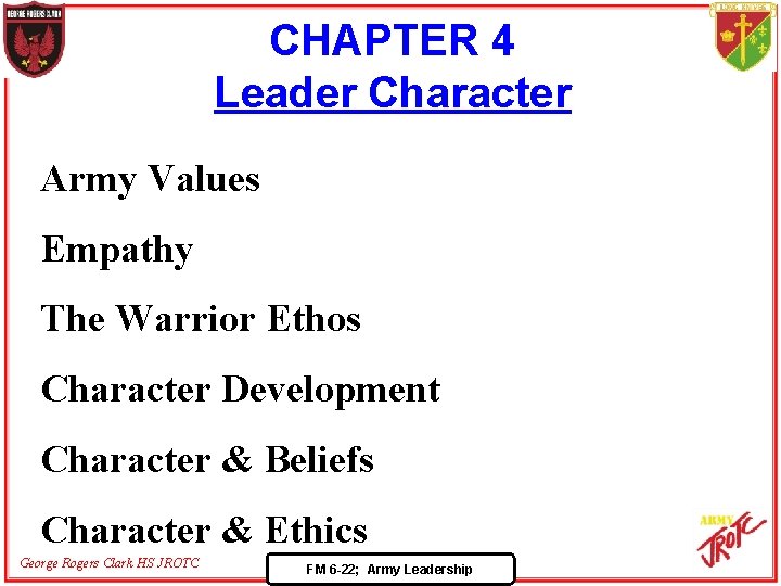 CHAPTER 4 Leader Character Army Values Empathy The Warrior Ethos Character Development Character &