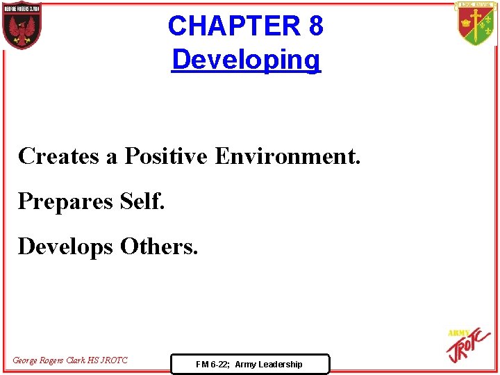 CHAPTER 8 Developing Creates a Positive Environment. Prepares Self. Develops Others. George Rogers Clark