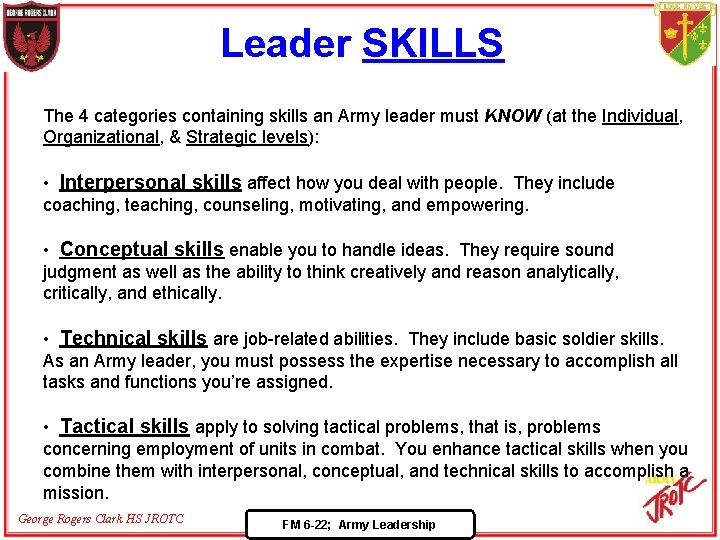 Leader SKILLS The 4 categories containing skills an Army leader must KNOW (at the