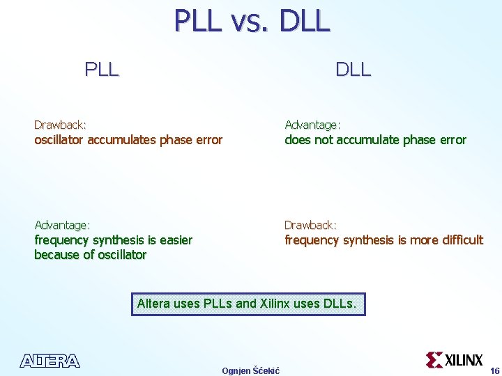 PLL vs. DLL PLL Drawback: Advantage: Drawback: oscillator accumulates phase error frequency synthesis is