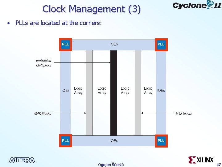 Clock Management (3) • PLLs are located at the corners: Ognjen Šćekić 47 