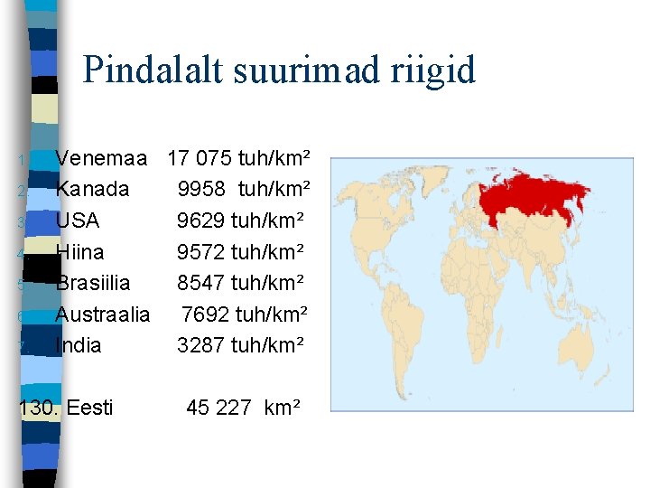 Pindalalt suurimad riigid 1. 2. 3. 4. 5. 6. 7. Venemaa 17 075 tuh/km²