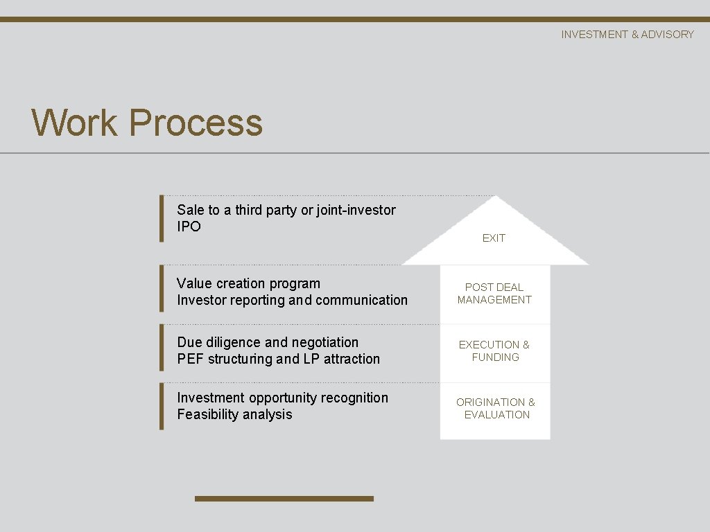 INVESTMENT & ADVISORY Work Process Sale to a third party or joint-investor IPO EXIT