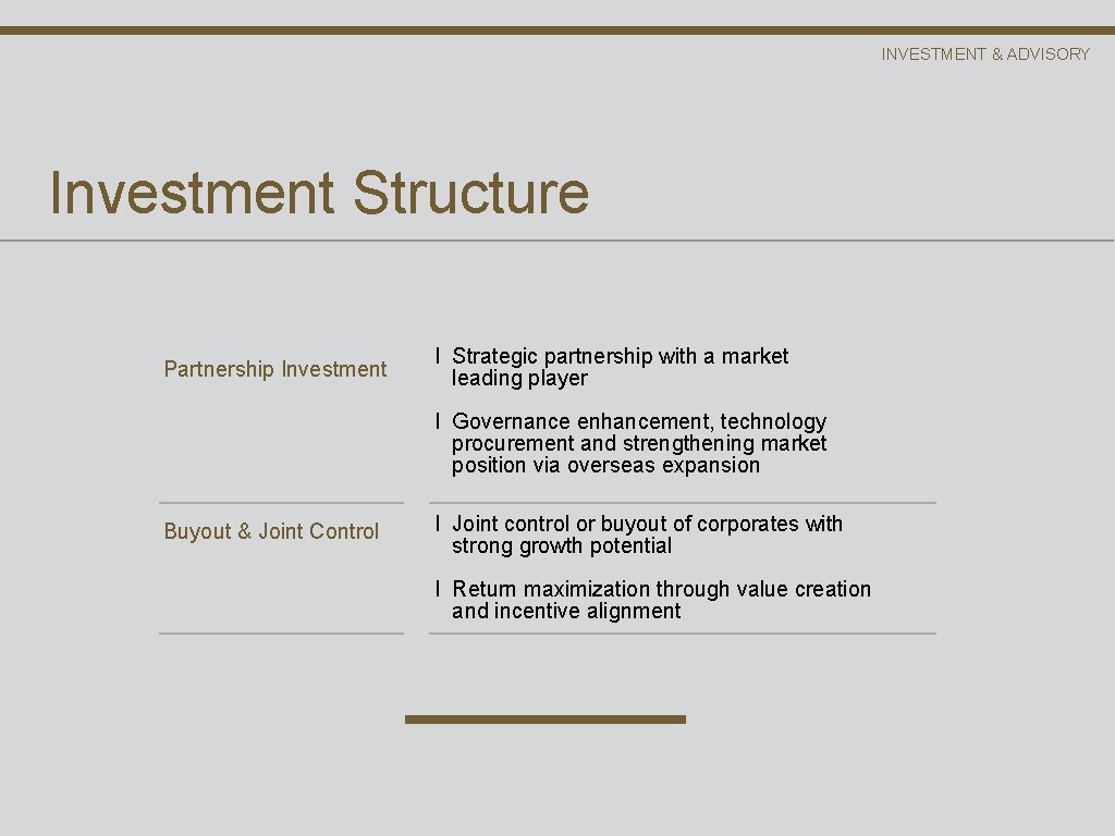 INVESTMENT & ADVISORY Investment Structure Partnership Investment I Strategic partnership with a market leading