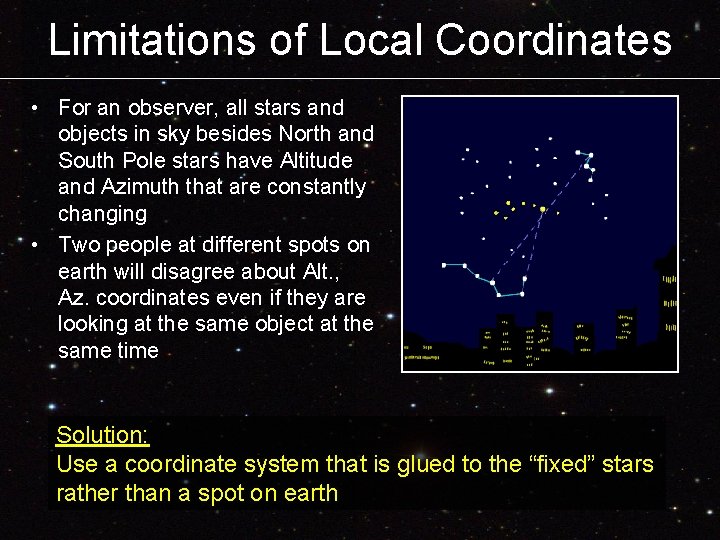 Limitations of Local Coordinates • For an observer, all stars and objects in sky Limitations of Local Coordinates • For an observer, all stars and objects in sky