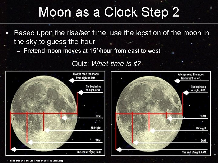 Moon as a Clock Step 2 • Based upon the rise/set time, use the Moon as a Clock Step 2 • Based upon the rise/set time, use the