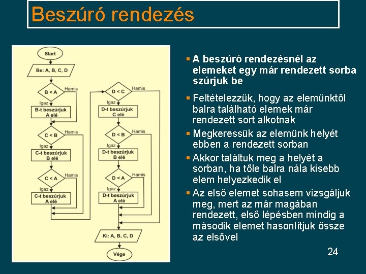 Beszúró rendezés § A beszúró rendezésnél az elemeket egy már rendezett sorba szúrjuk be