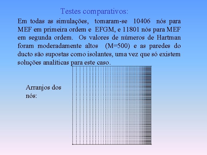 Testes comparativos: Em todas as simulações, tomaram-se 10406 nós para MEF em primeira ordem