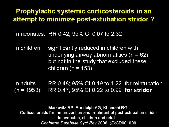 Prophylactic systemic corticosteroids in an attempt to minimize post-extubation stridor ? In neonates: RR