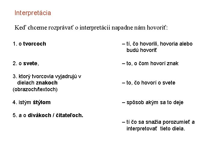 Interpretácia Keď chceme rozprávať o interpretácii napadne nám hovoriť: 1. o tvorcoch – tí,