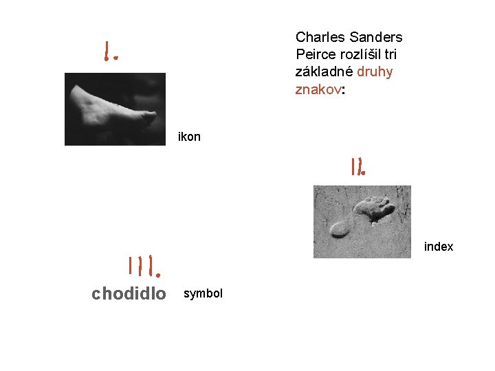 Charles Sanders Peirce rozlíšil tri základné druhy znakov: ikon index chodidlo symbol 