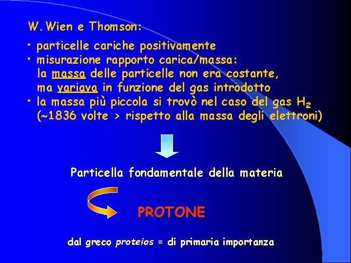 W. Wien e Thomson: • particelle cariche positivamente • misurazione rapporto carica/massa: la massa