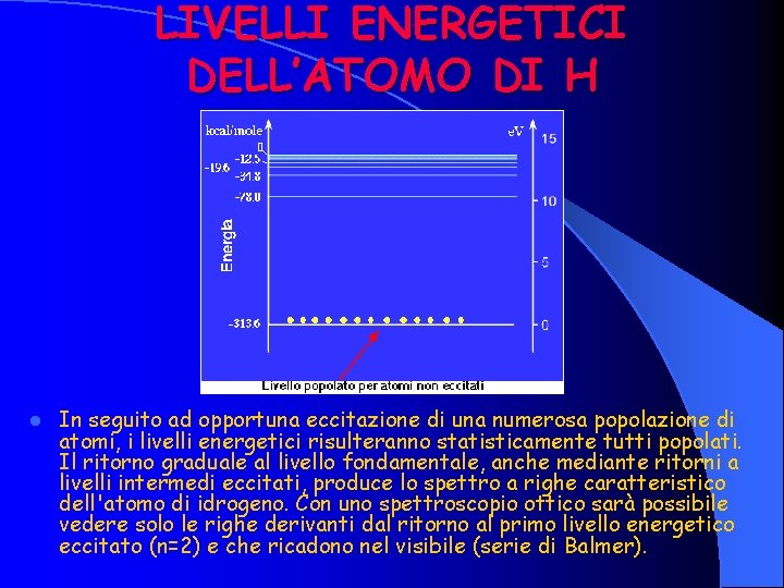 LIVELLI ENERGETICI DELL’ATOMO DI H l In seguito ad opportuna eccitazione di una numerosa