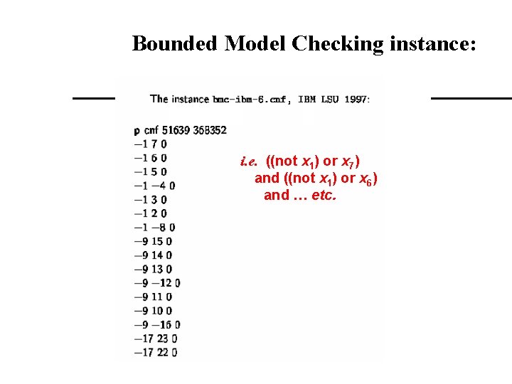 Bounded Model Checking instance: i. e. ((not x 1) or x 7) and ((not