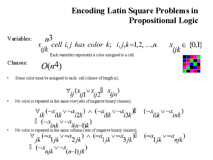 Encoding Latin Square Problems in Propositional Logic Variables: Each variables represents a color assigned