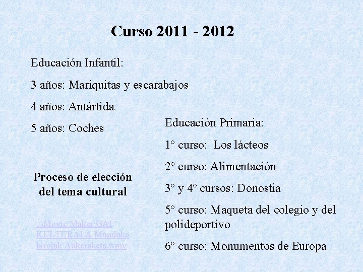 Curso 2011 - 2012 Educación Infantil: 3 años: Mariquitas y escarabajos 4 años: Antártida