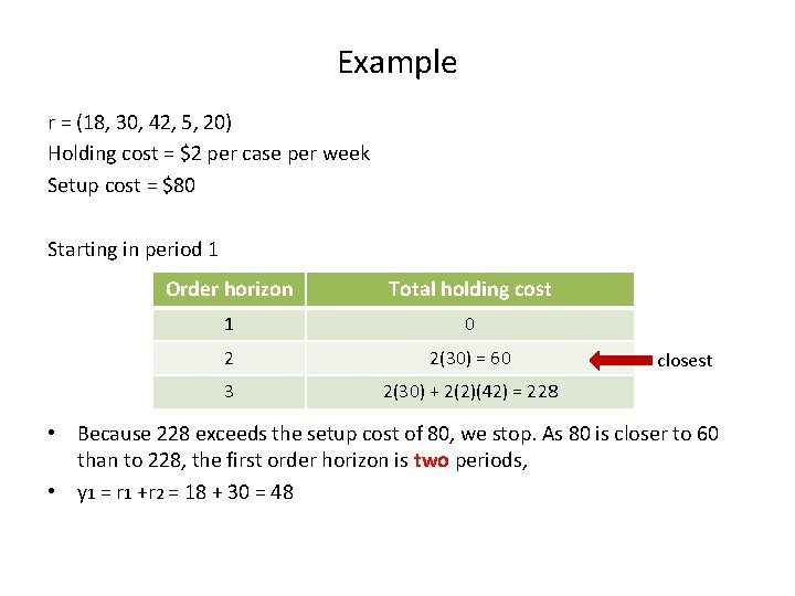 Example r = (18, 30, 42, 5, 20) Holding cost = $2 per case