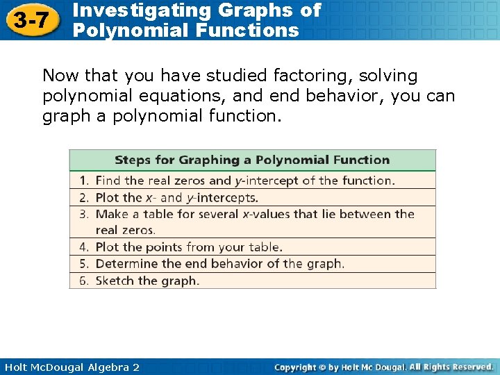 3 -7 Investigating Graphs of Polynomial Functions Now that you have studied factoring, solving