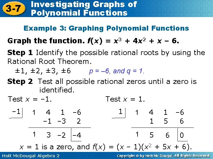 3 -7 Investigating Graphs of Polynomial Functions Example 3: Graphing Polynomial Functions Graph the