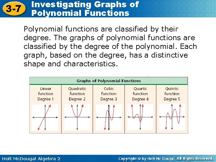 3 -7 Investigating Graphs of Polynomial Functions Polynomial functions are classified by their degree.