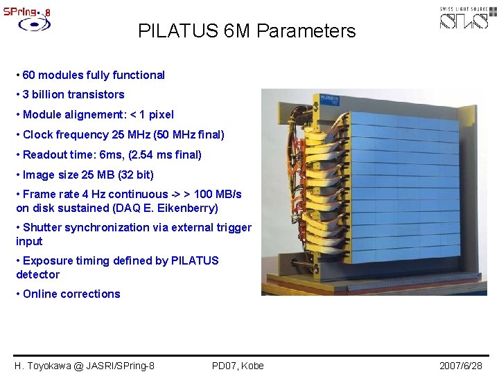 PILATUS 6 M Parameters • 60 modules fully functional • 3 billion transistors •