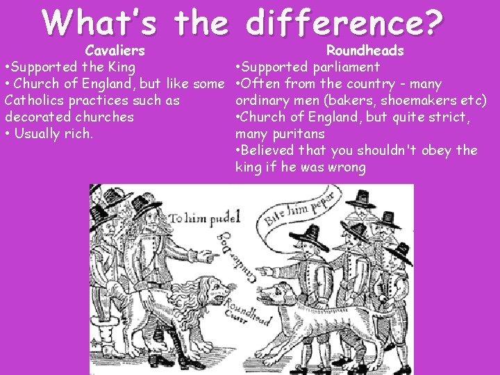 What’s the difference? Cavaliers • Supported the King • Church of England, but like