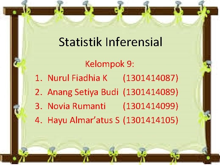 Statistik Inferensial 1. 2. 3. 4. Kelompok 9: Nurul Fiadhia K (1301414087) Anang Setiya