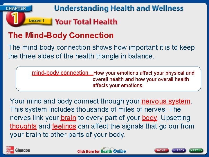 The Mind-Body Connection The mind-body connection shows how important it is to keep the