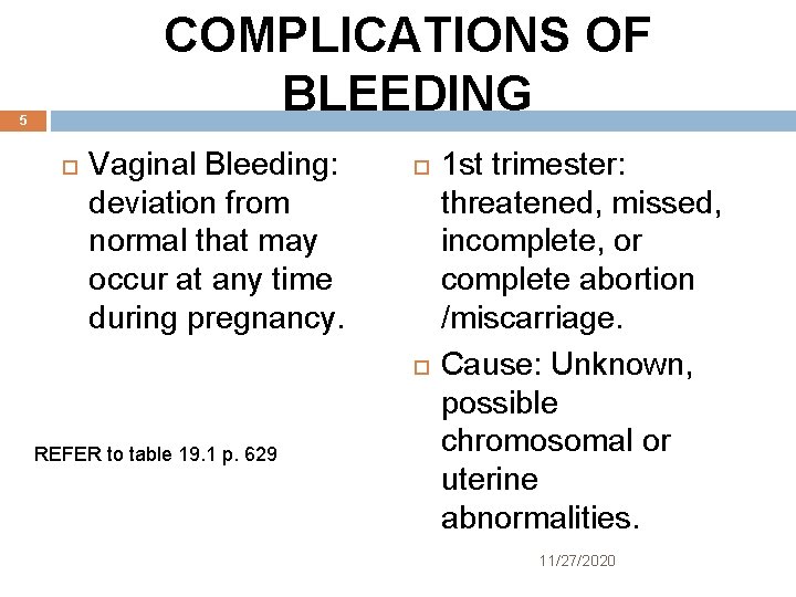 COMPLICATIONS OF BLEEDING 5 Vaginal Bleeding: deviation from normal that may occur at any