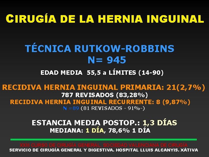 CIRUGÍA DE LA HERNIA INGUINAL TÉCNICA RUTKOW-ROBBINS N= 945 EDAD MEDIA 55, 5 a