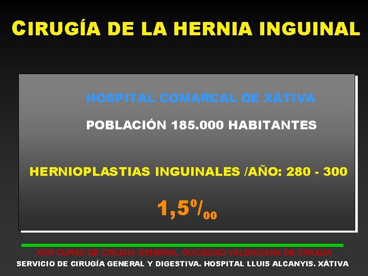 CIRUGÍA DE LA HERNIA INGUINAL HOSPITAL COMARCAL DE XÀTIVA POBLACIÓN 185. 000 HABITANTES HERNIOPLASTIAS